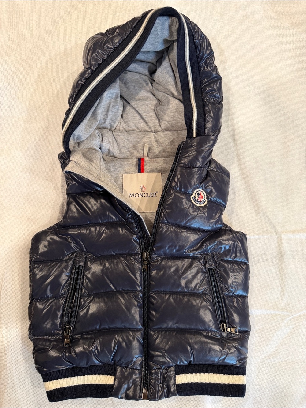 Moncler Navy Shiny Quilted Hooded Puffer Vest with Rib Trim